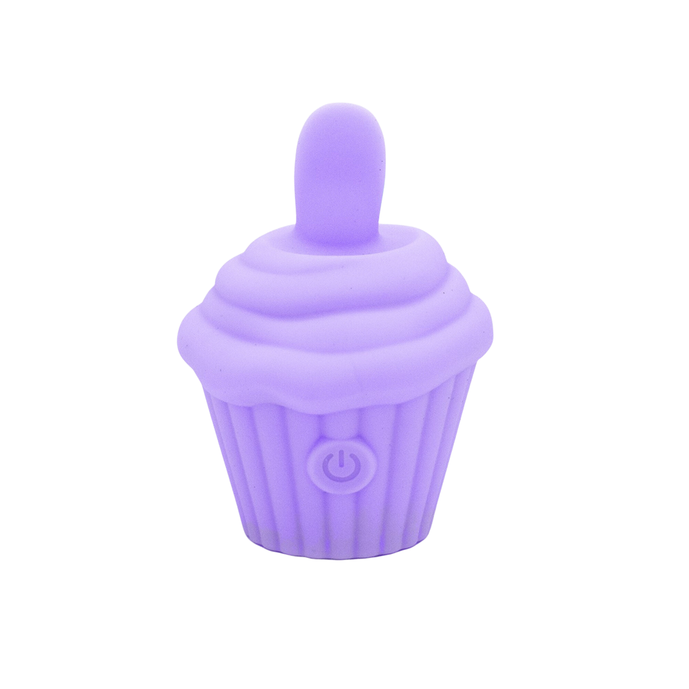 A purple cupcake-shaped silicone stimulator with a power button.