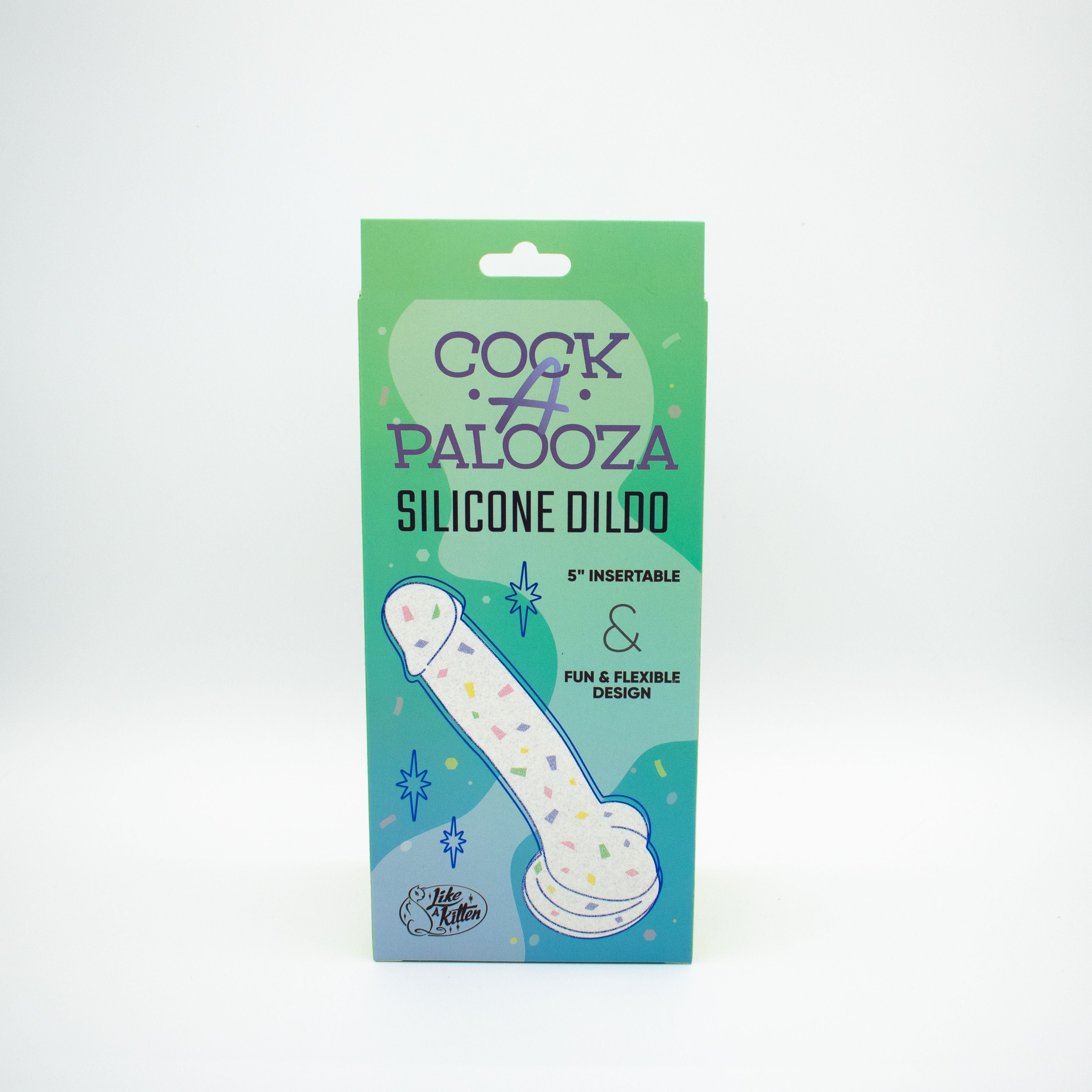 Confetti silicone dildo with suction cup base.