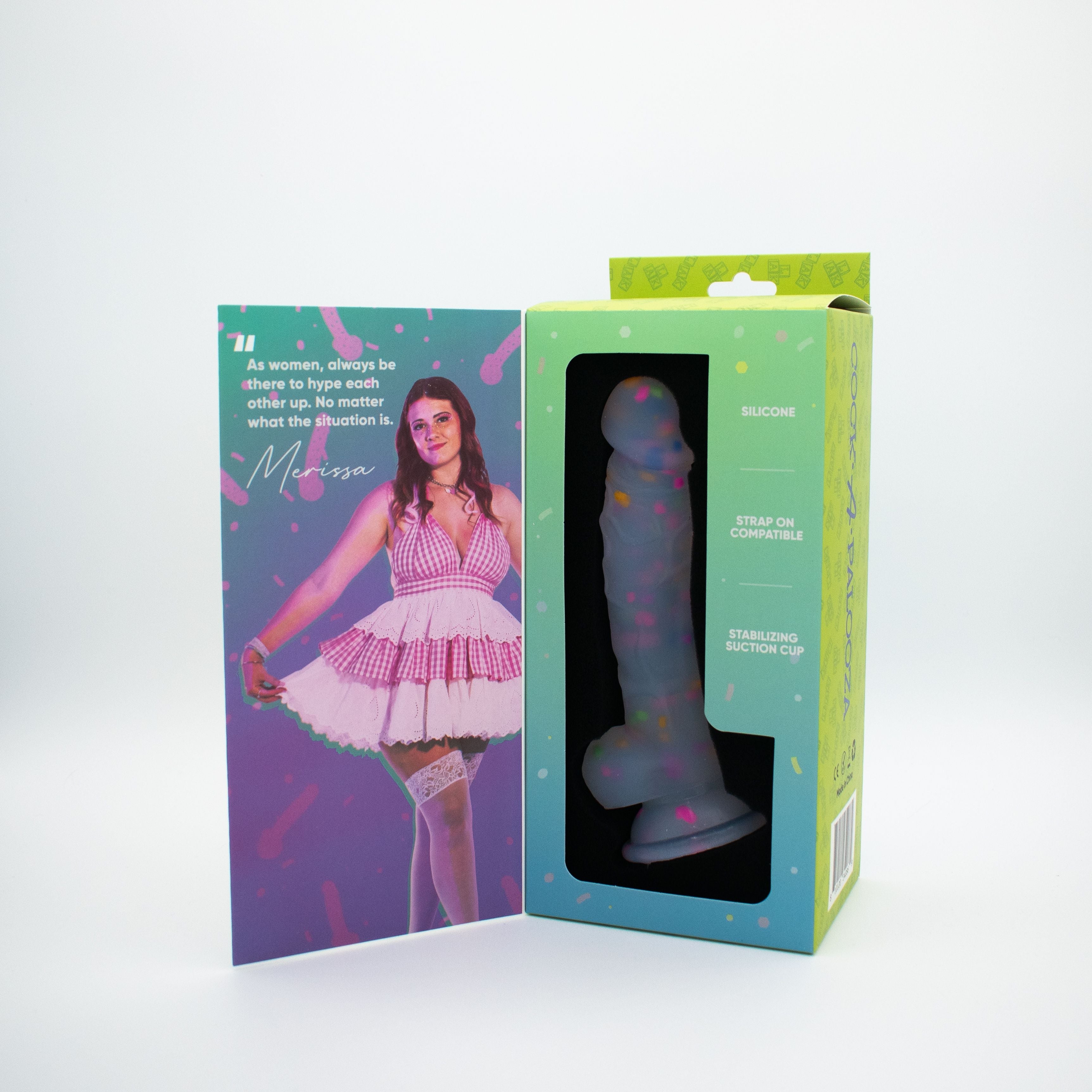 Confetti silicone dildo with suction cup base.