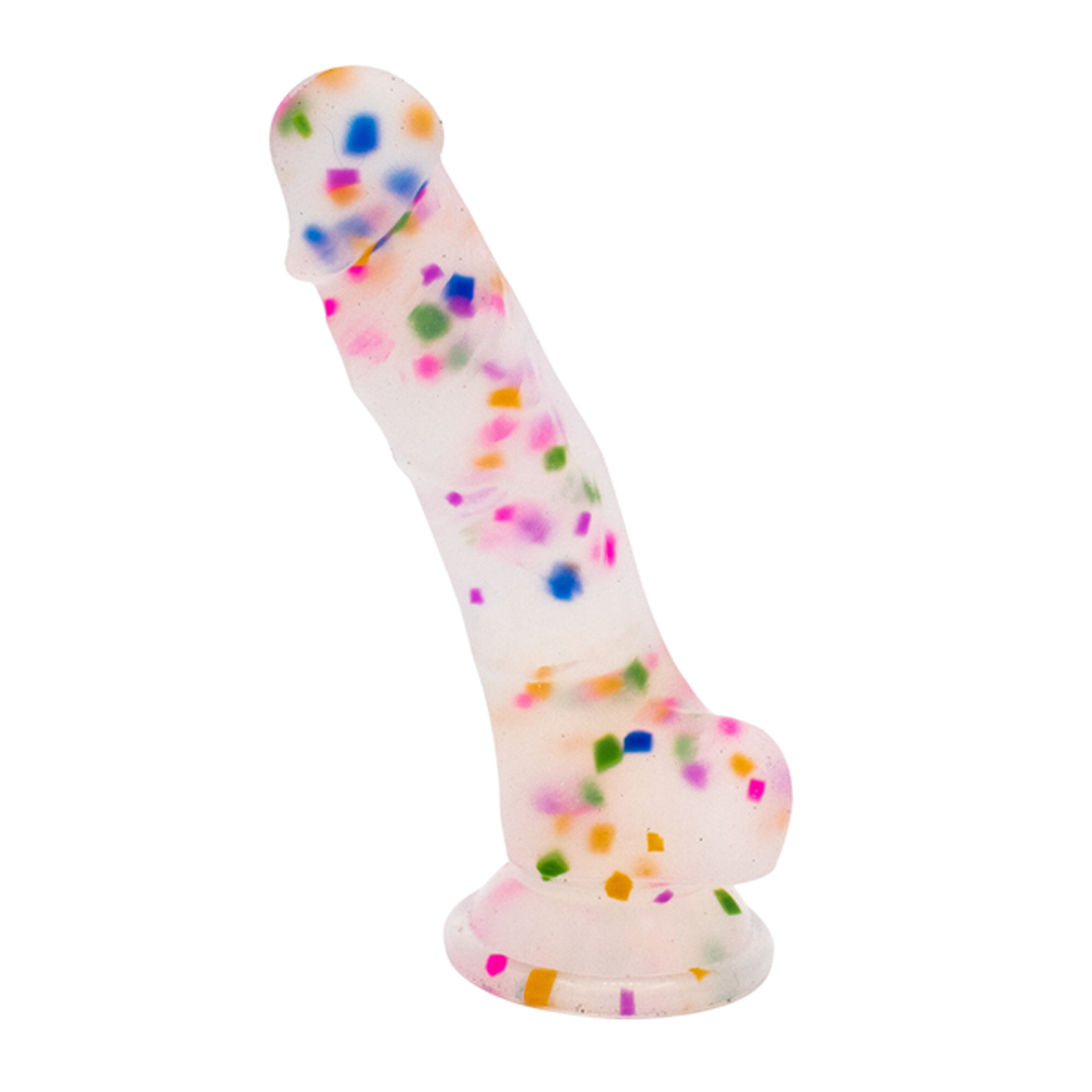 Confetti silicone dildo with multicolored speckles and suction cup base.