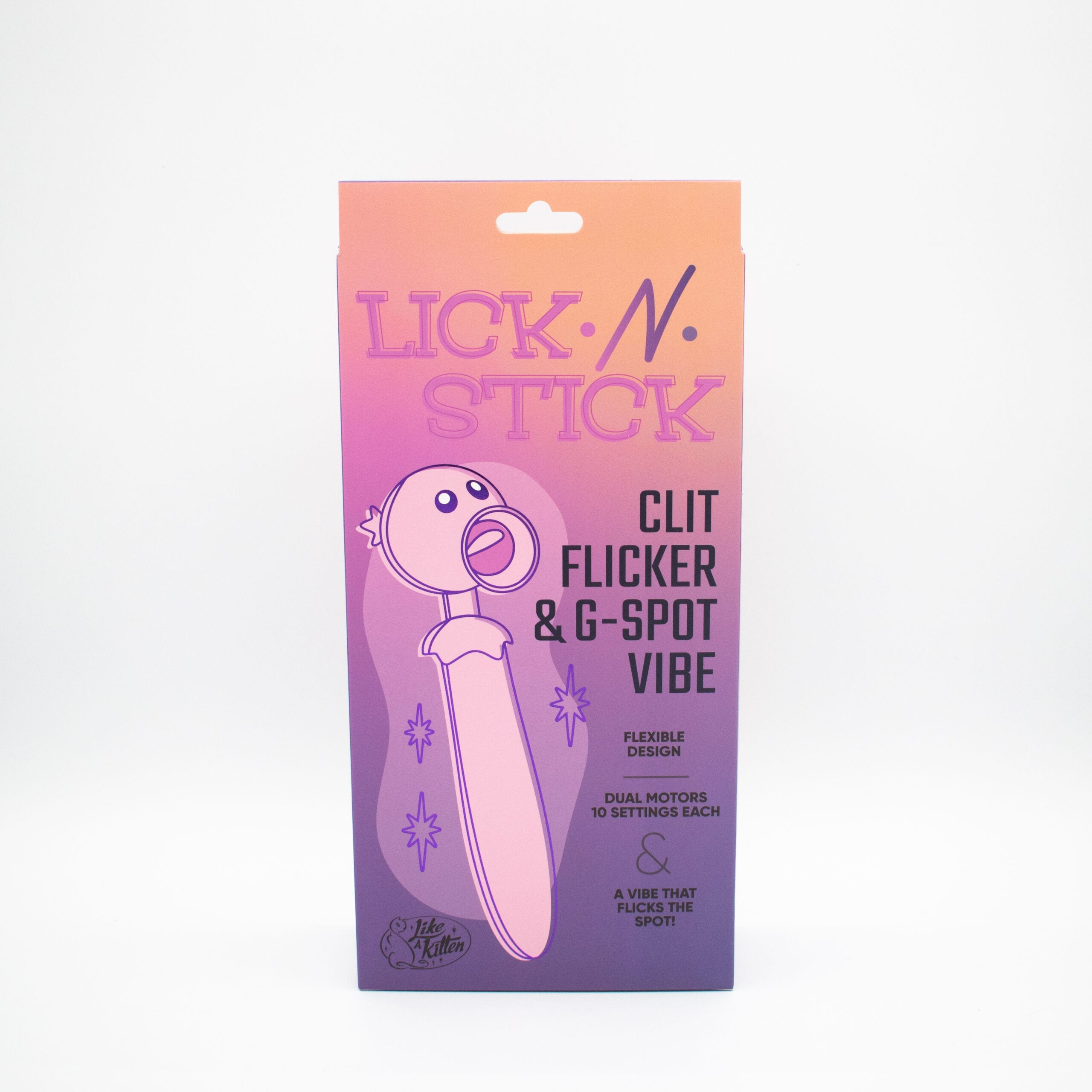A pink and purple box for a "Lick N Stick" dual motor clitoral and G-spot vibe.