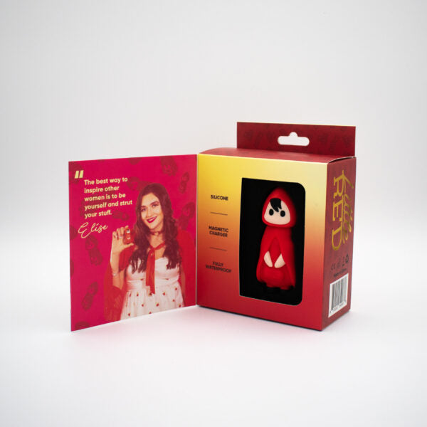 Little Red waterproof silicone bullet vibrator in its box with a card.