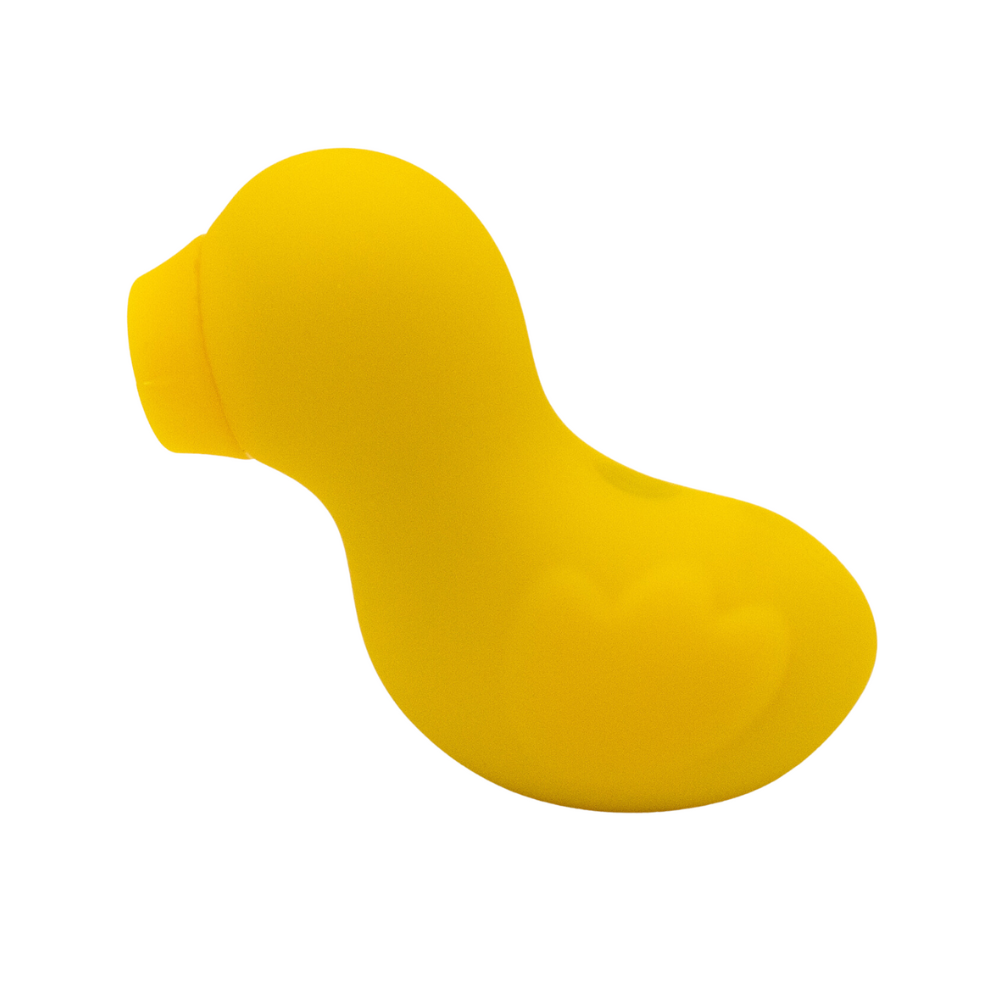 Yellow silicone duck-shaped stimulator with a suction opening.