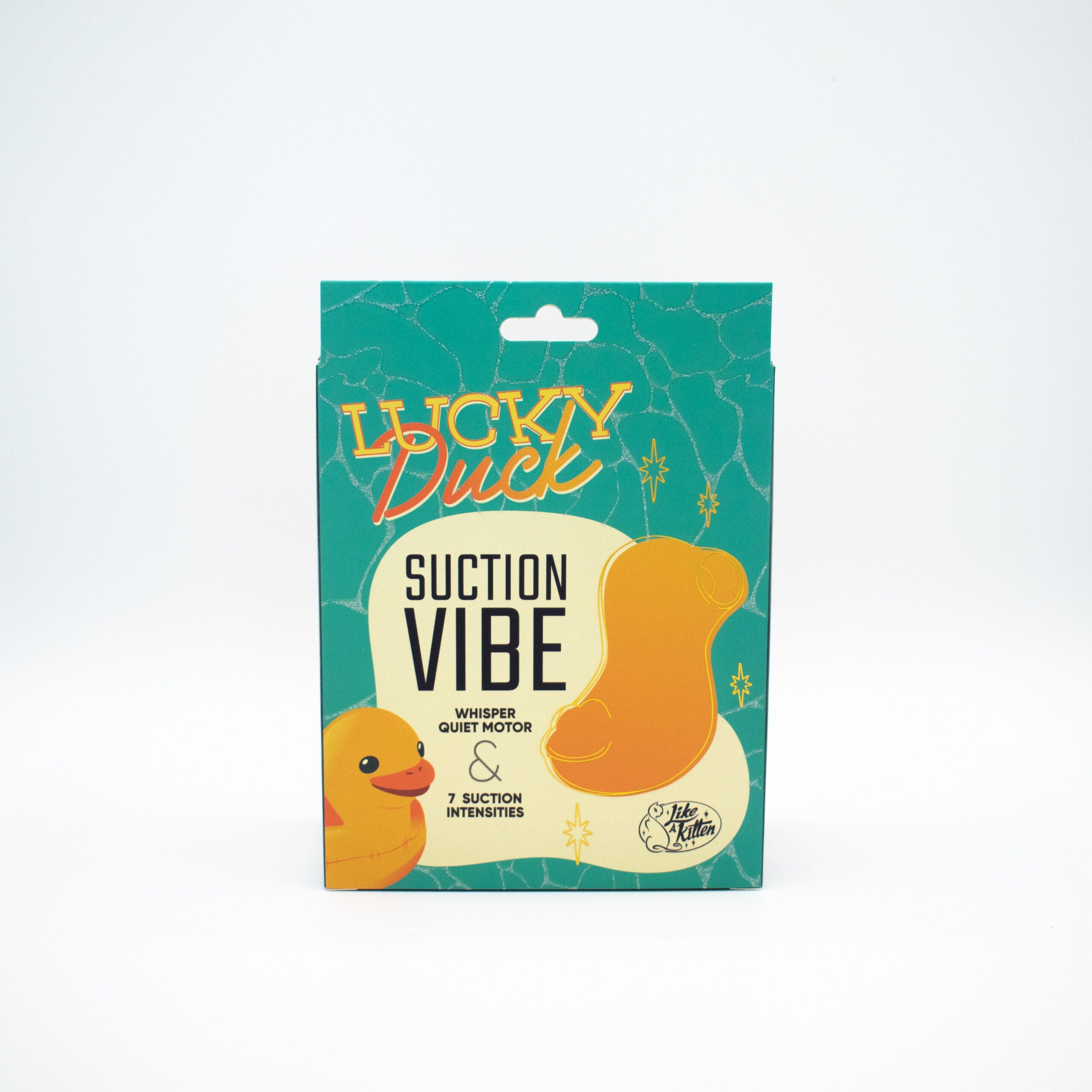 Lucky Duck silicone suction stimulator with a duck illustration.