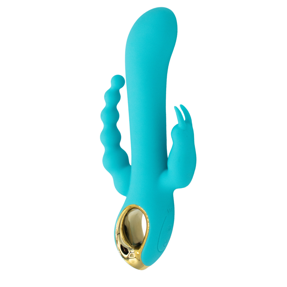 A teal rabbit vibrator with anal beads and gold accents.