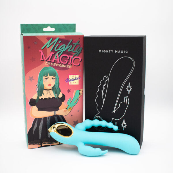 A blue rabbit vibrator with anal beads and two boxes.