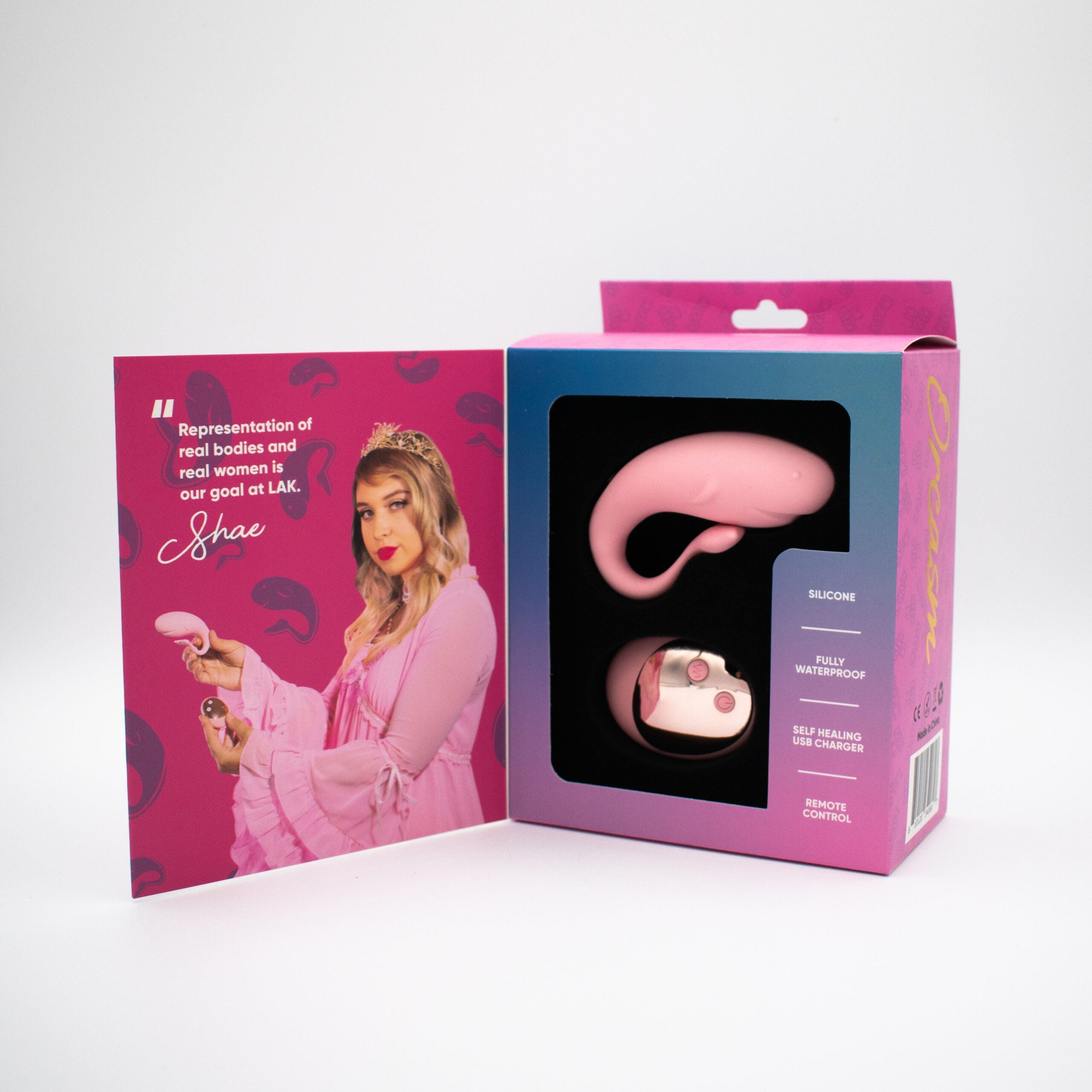 Pink remote-controlled wearable vibrating egg with a flexible tail.