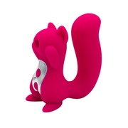 A pink squirrel-shaped vibrator with a silver accent.