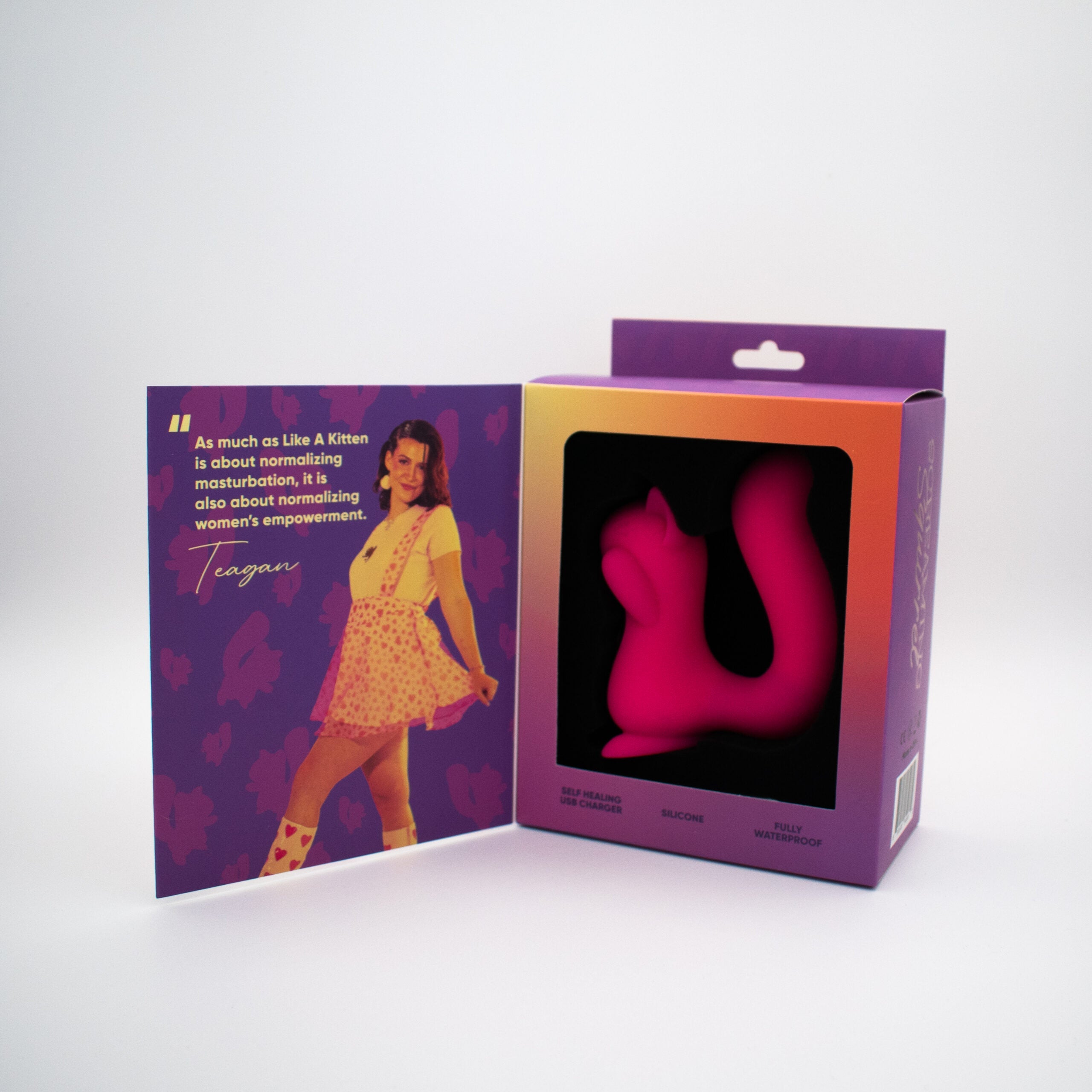 A pink squirrel-shaped vibrator with air pulse technology is displayed next to a card featuring a woman and text about empowerment.