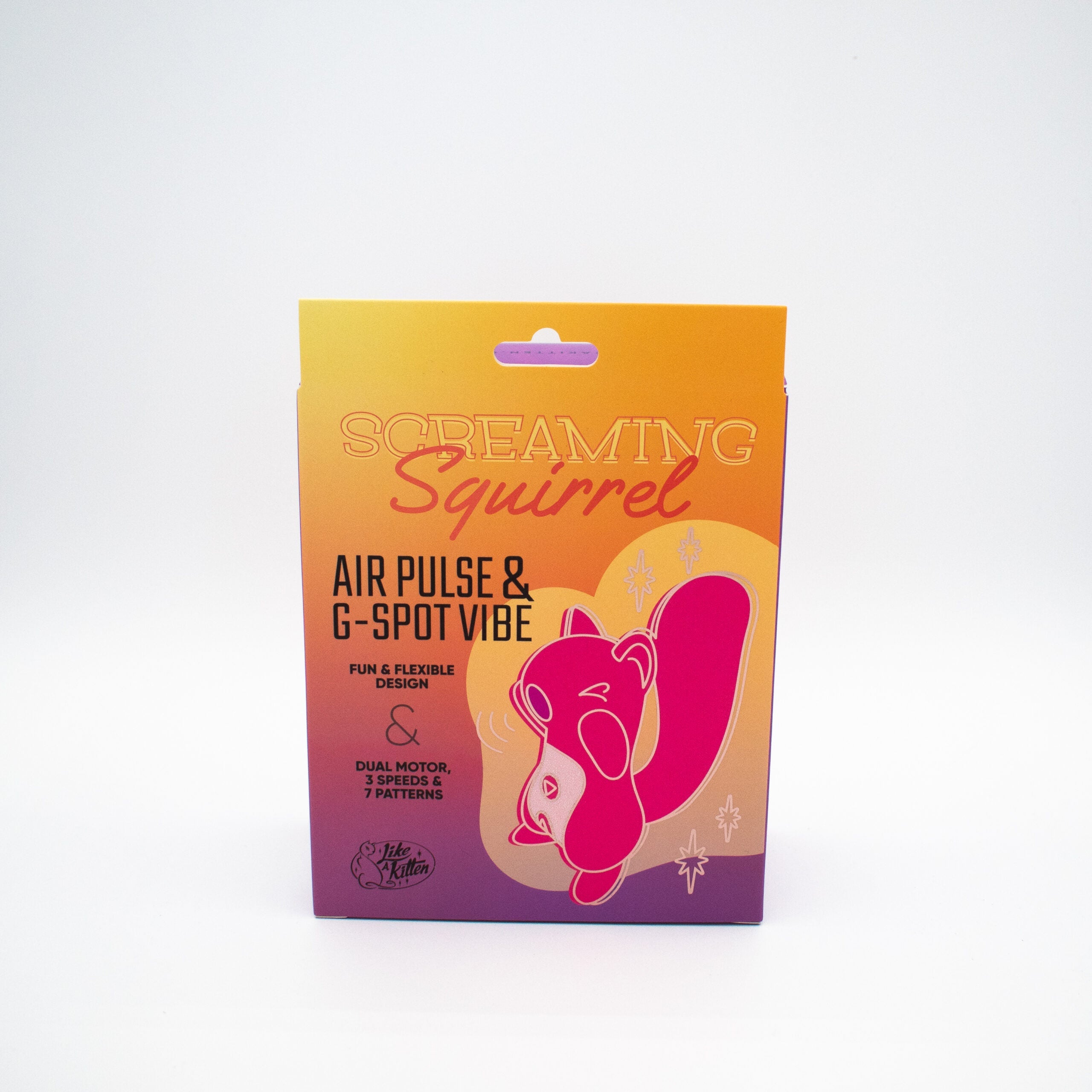 Screaming Squirrel Air Pulse & G-Spot Vibrator box with a pink squirrel illustration.
