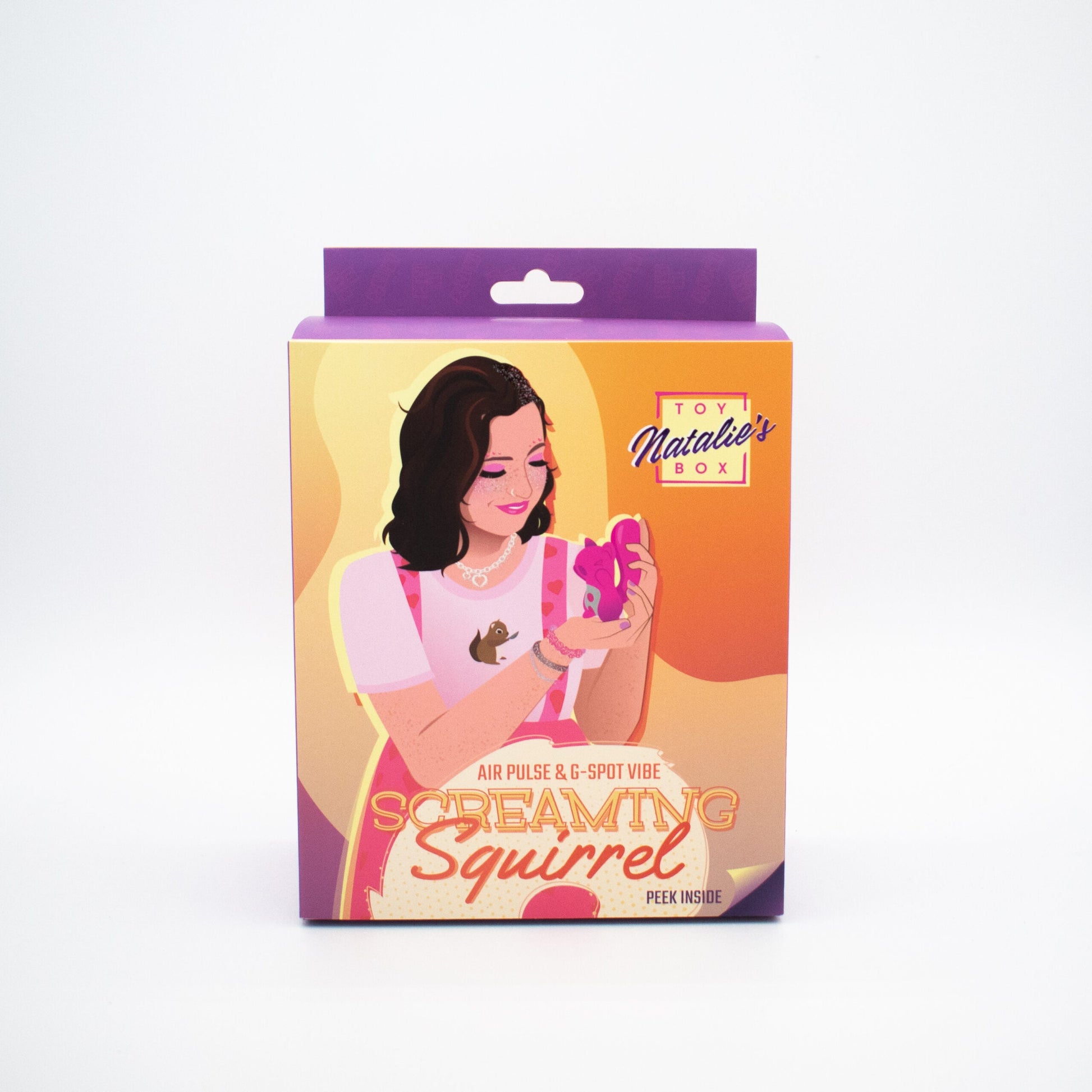Screaming Squirrel Air Pulse & G-Spot Vibrator box with illustration of a woman holding the toy.
