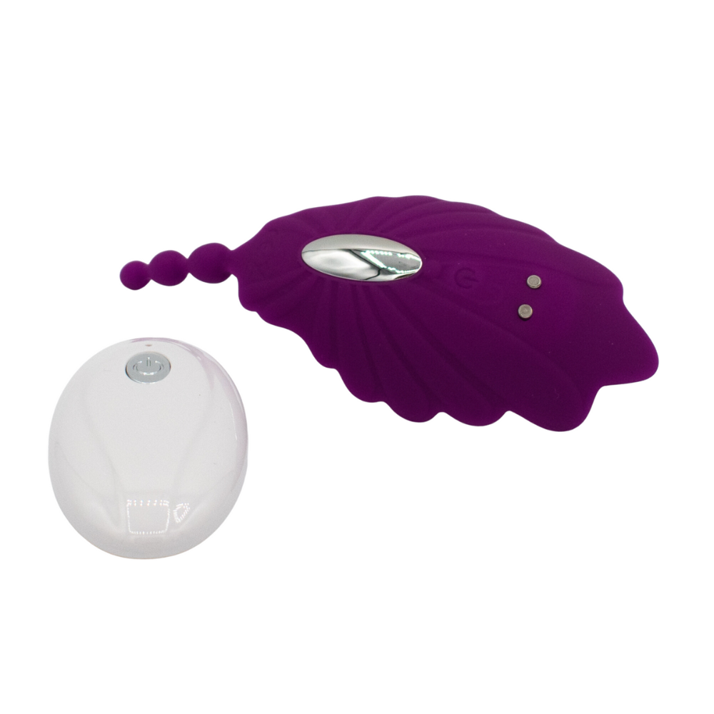 Purple leaf-shaped wearable vibrator with a remote control.