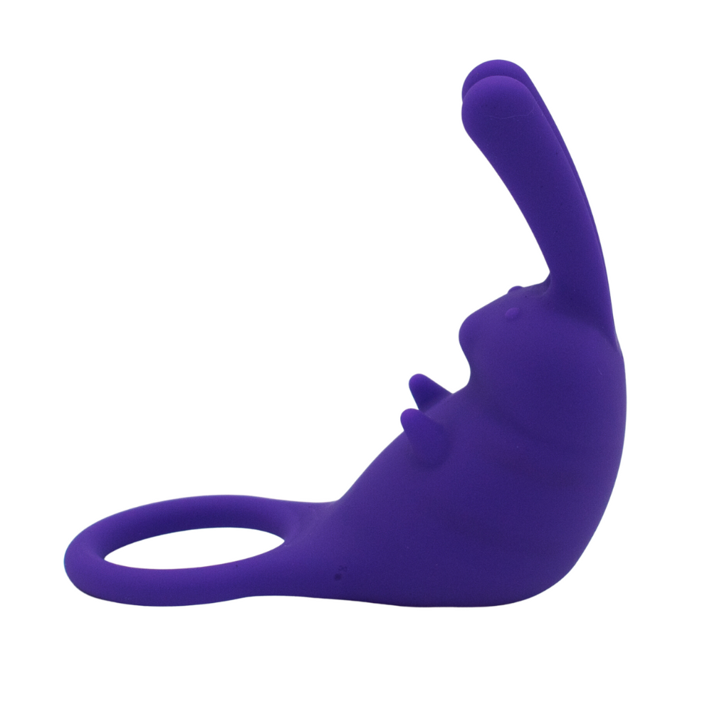 Purple rabbit-shaped cock ring with a bullet vibe.