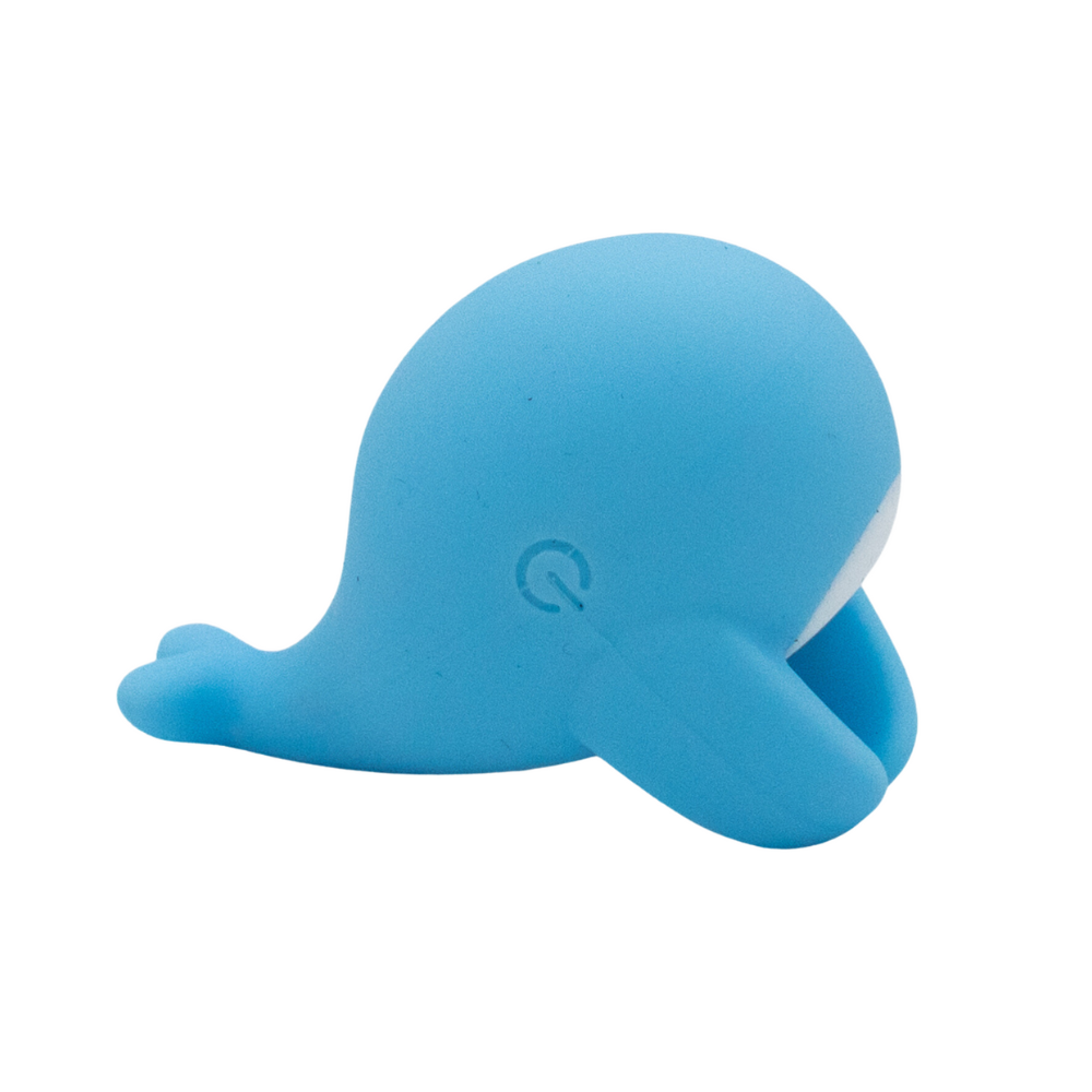 A blue whale-shaped waterproof finger vibrator with a power button symbol.