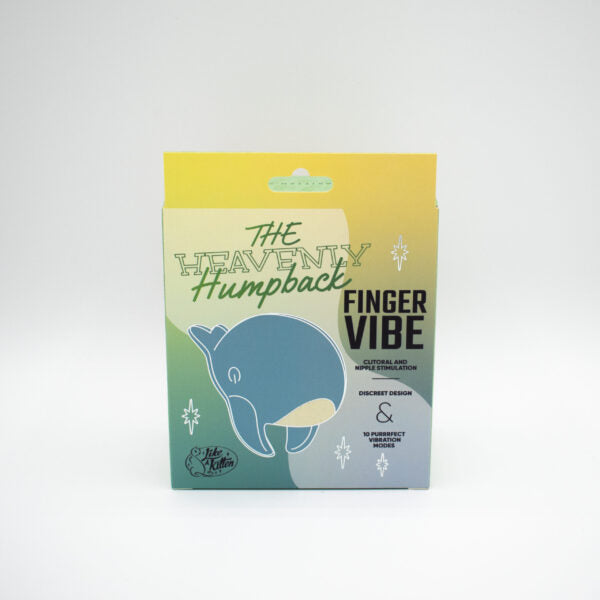 A blue whale-shaped finger vibrator with "The Heavenly Humpback" text.