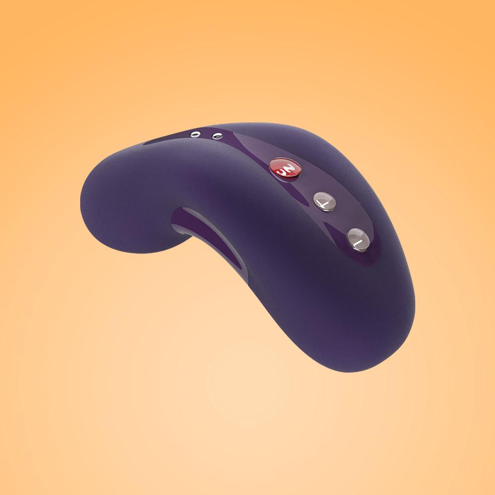 A purple curved vibrating massager with three buttons.