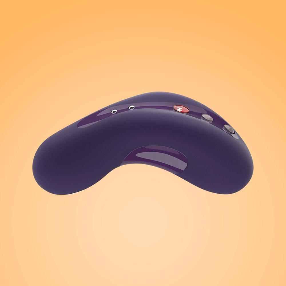 A purple curved vibrating massager with buttons on top.