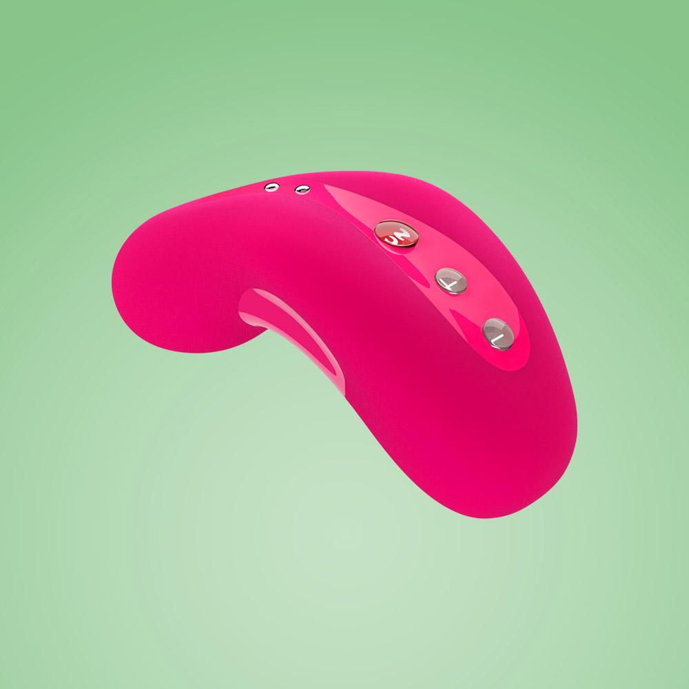 A pink curved vibrating massager with three buttons.