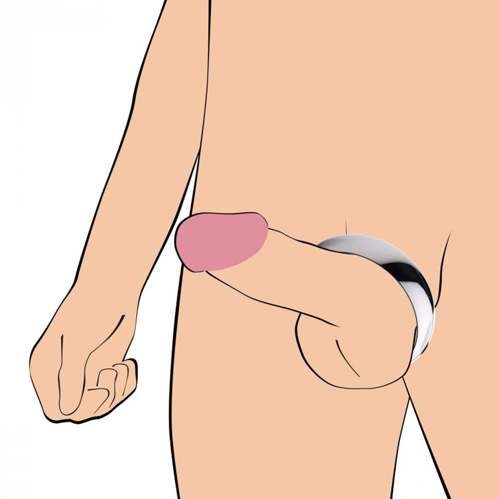 Stainless steel cock ring with 2.25-inch inner diameter on erect penis.