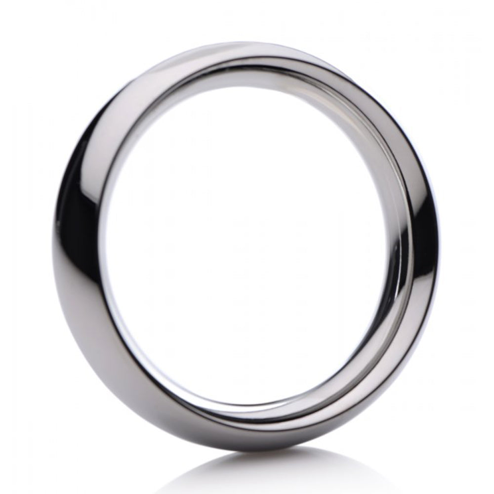 A polished stainless steel cock ring with a smooth, rounded surface.