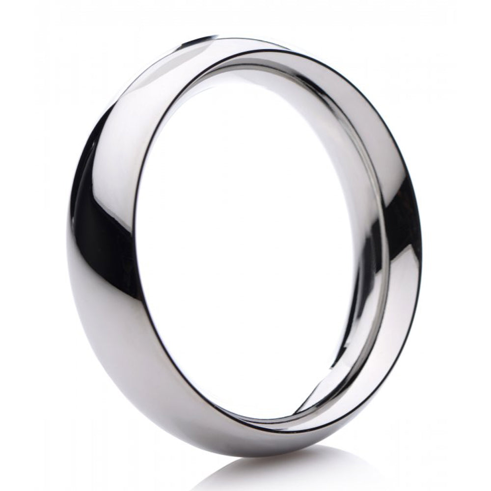 A polished stainless steel cock ring with a smooth, rounded surface.