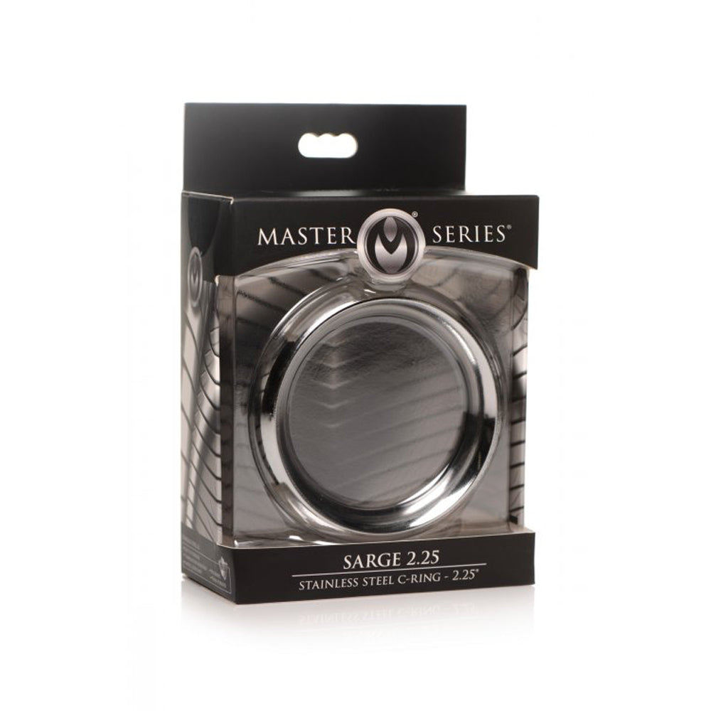 Stainless steel cock ring in packaging, labeled "Sarge 2.25".