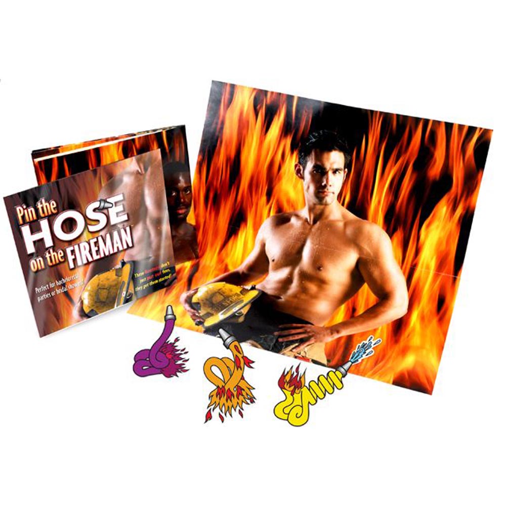 Pin the Hose on the Fireman bachelorette party game with two fireman images and 12 hoses.