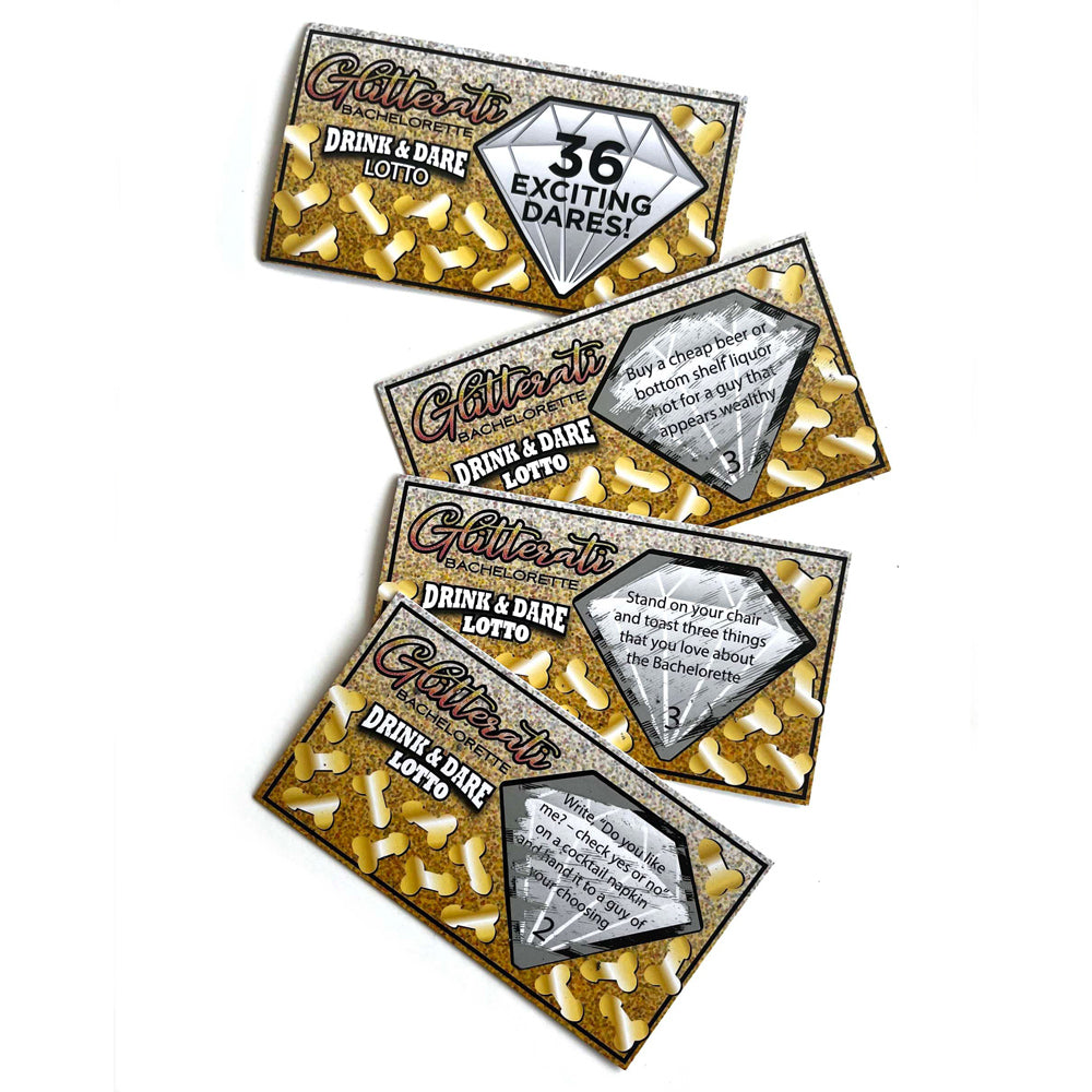 Bachelorette Drink & Dare Lotto game with 36 scratch-off tickets.