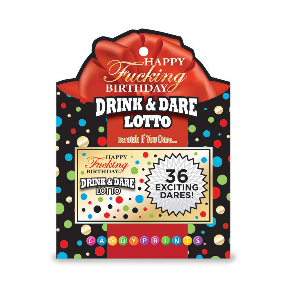 Happy Birthday Drink & Dare Lotto scratch-off game with a red bow and confetti design.