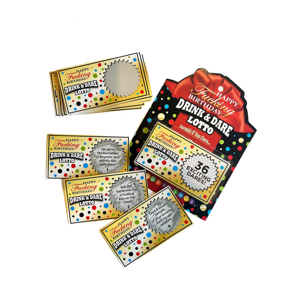 Happy Birthday Drink & Dare Lotto scratch-off tickets with colorful confetti design.