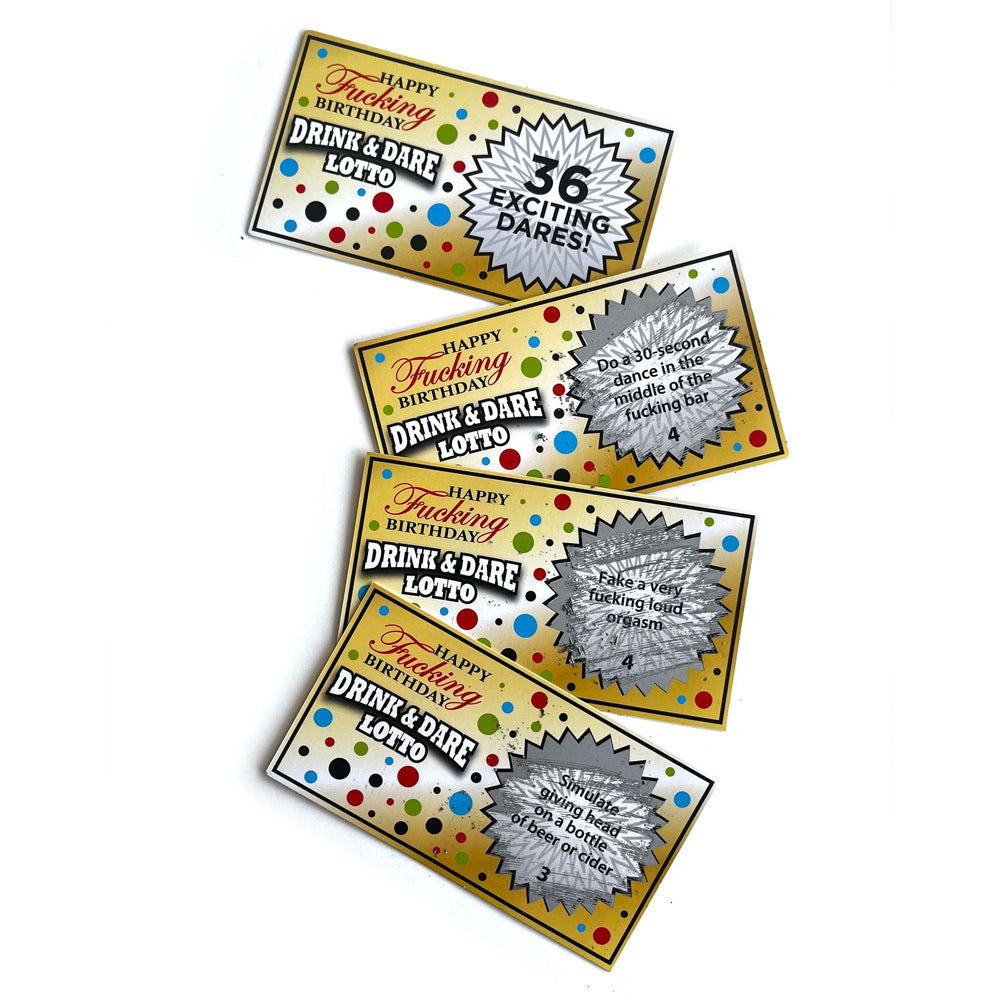Happy Birthday Drink & Dare Lotto scratch-off tickets with dares.