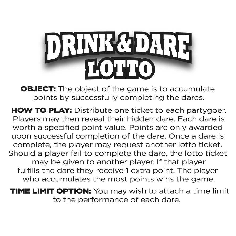Drink & Dare Lotto party game instructions.