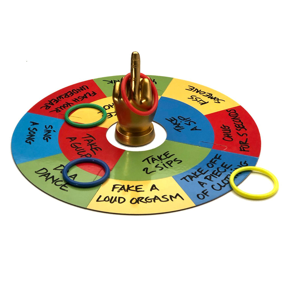 Gold F-U finger centerpiece with a ring toss game and dare wheel.