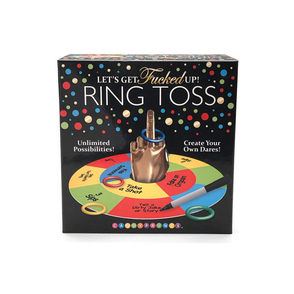 Let's Get F'd Up Ring Toss party game with a gold middle finger centerpiece and colorful rings.