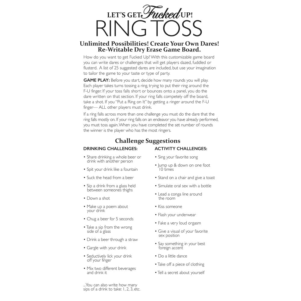 Ring Toss party game with a gold F-U finger centerpiece and dare suggestions.