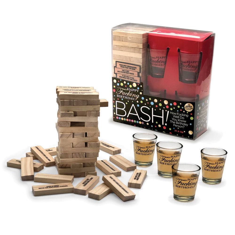 Birthday Bash drinking game with stacking blocks and four shot glasses.