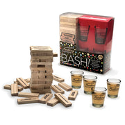 Birthday Bash drinking game with stacking blocks and four shot glasses.