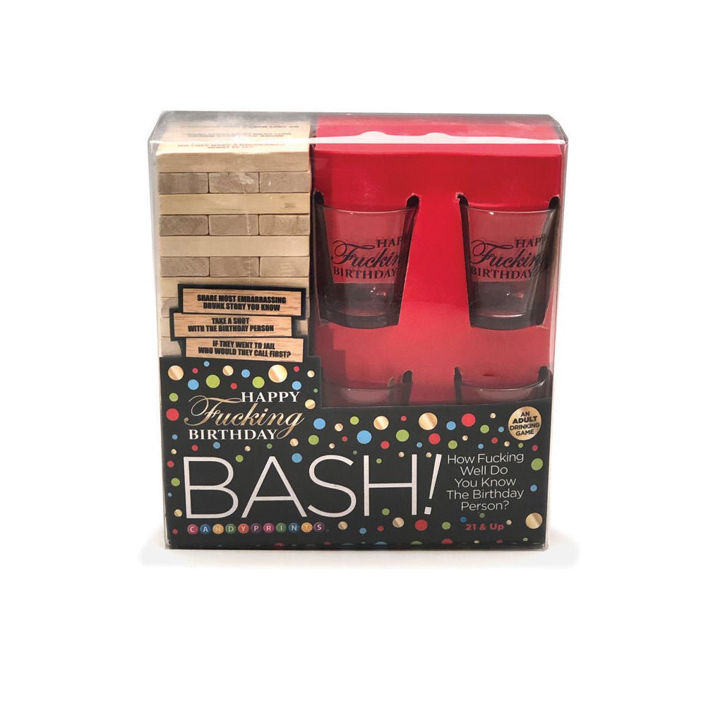 Birthday Bash adult drinking game with two shot glasses and stacking blocks.