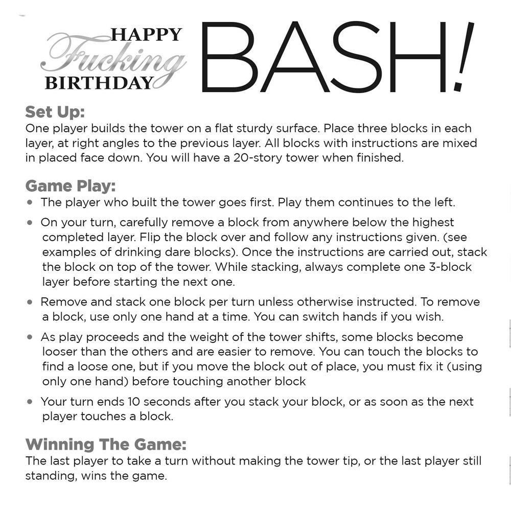 Birthday Bash game instructions with a "Happy Fucking Birthday" title.
