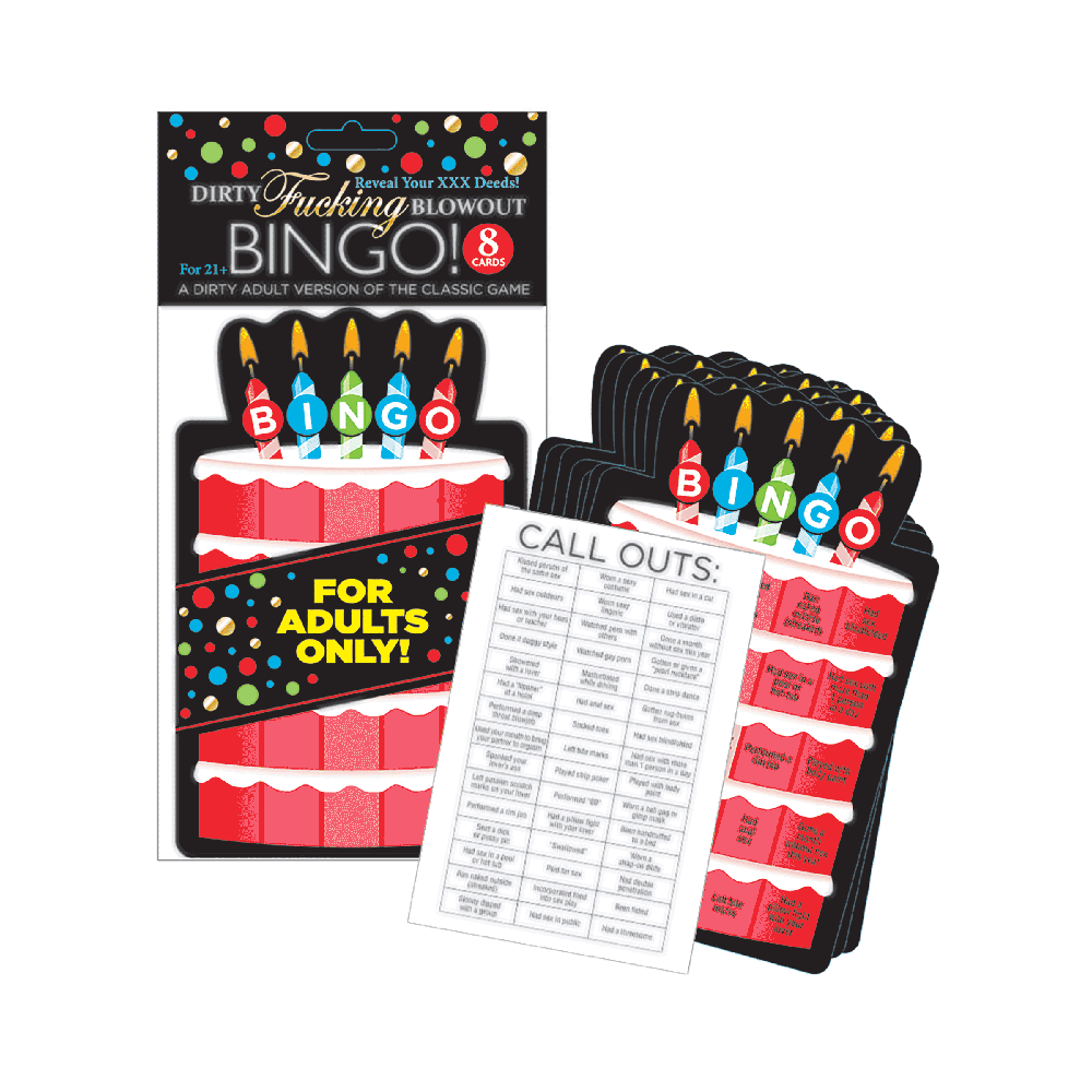 Dirty Blowout Bingo adult party game with 8 cards and a call-out sheet.