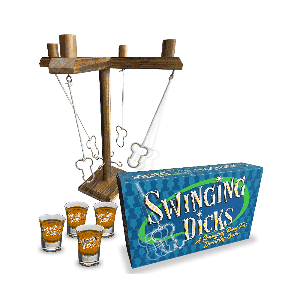 A drinking game with a wooden ring toss structure, four shot glasses, and a game box.