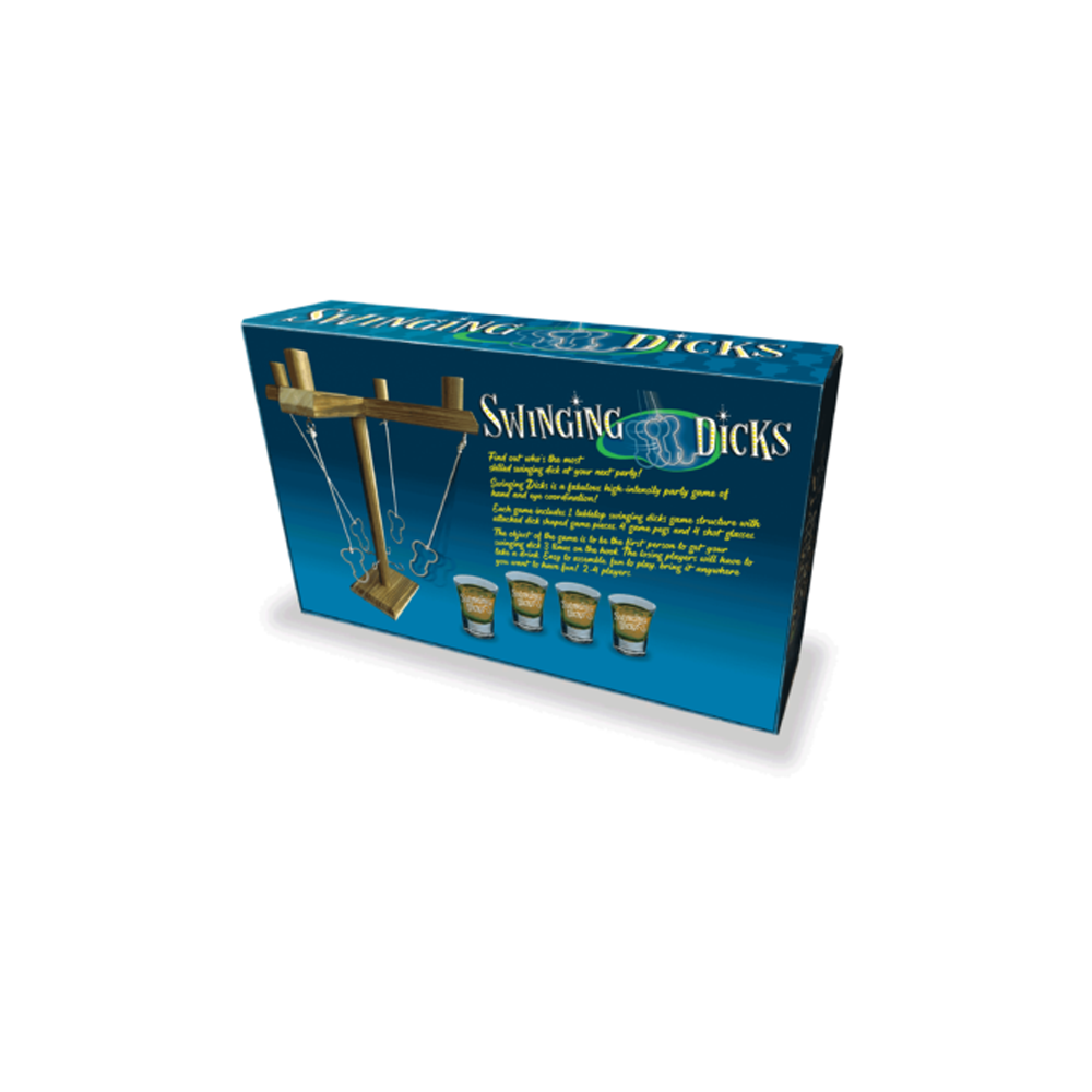 Swinging Dicks party game with shot glasses and a wooden structure.