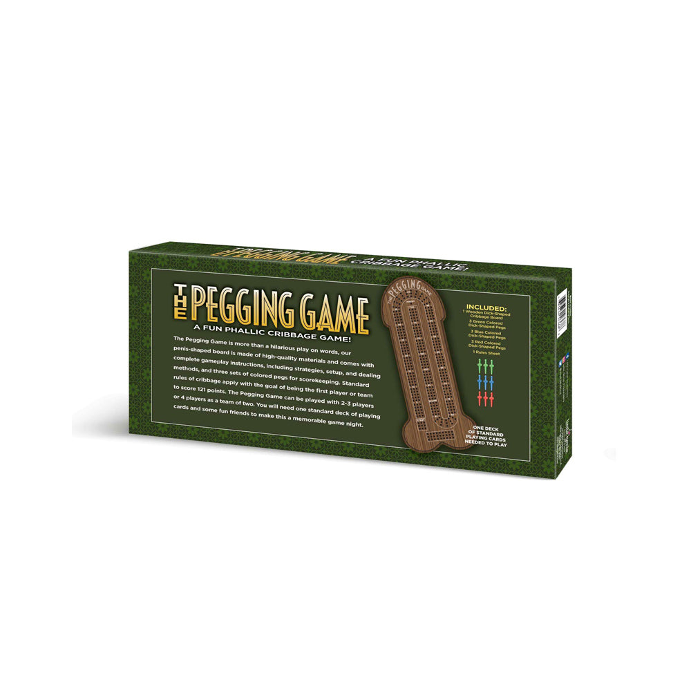 A penis-shaped cribbage board game with colored pegs and instructions.