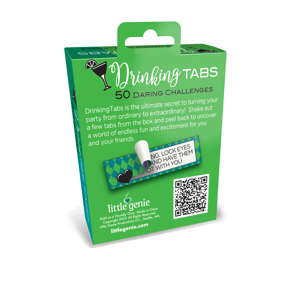 Green box of "Drinking Tabs" party game with 50 challenges.
