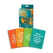 Fuck You Fuck Me adult card game box with four cards spread out.