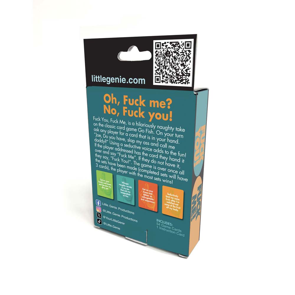 A box for the "Oh, Fuck me? No, Fuck you!" adult card game by Little Genie Productions.