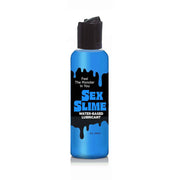 Blue bottle of Sex Slime water-based lubricant with black cap.