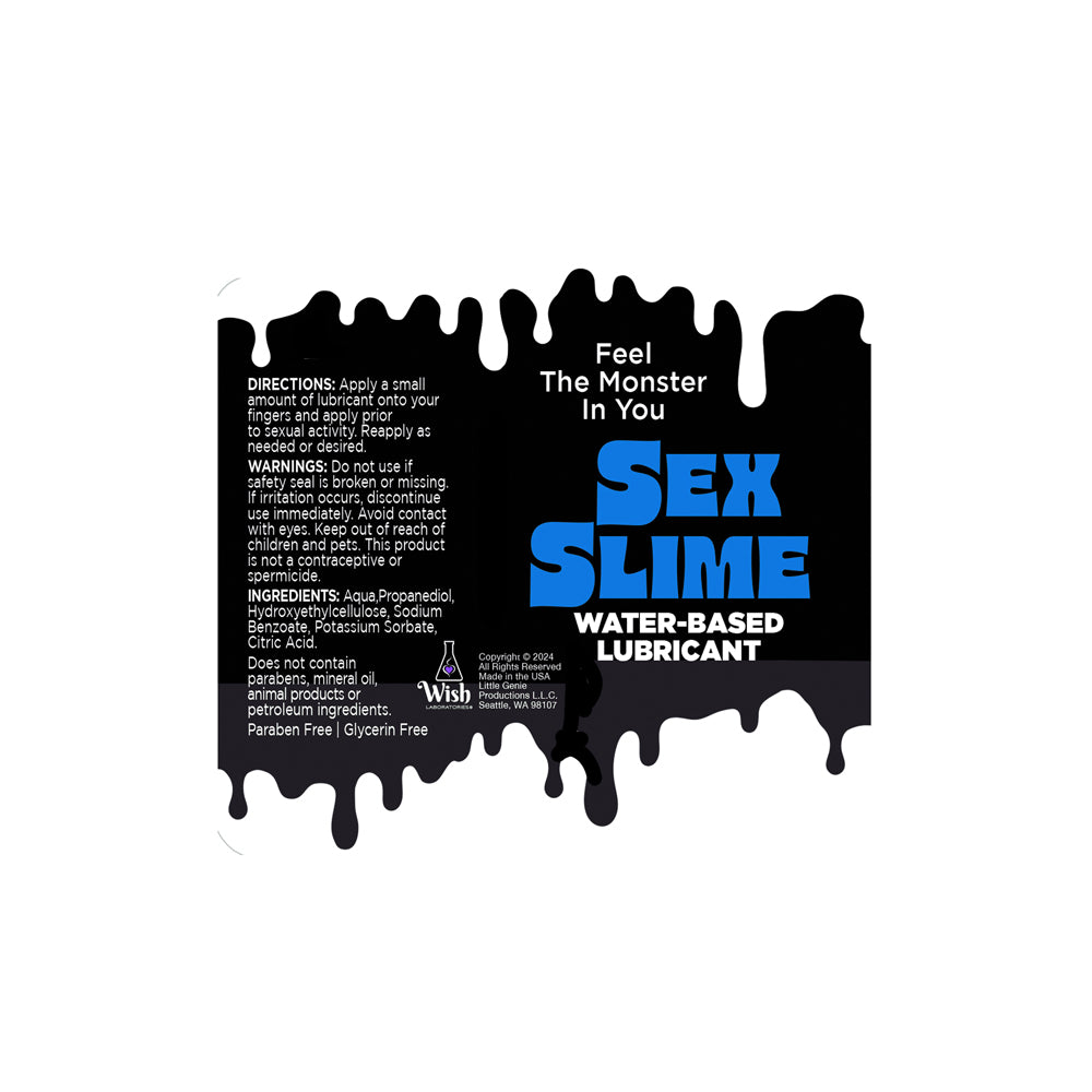 Blue water-based sex slime lubricant with product information.