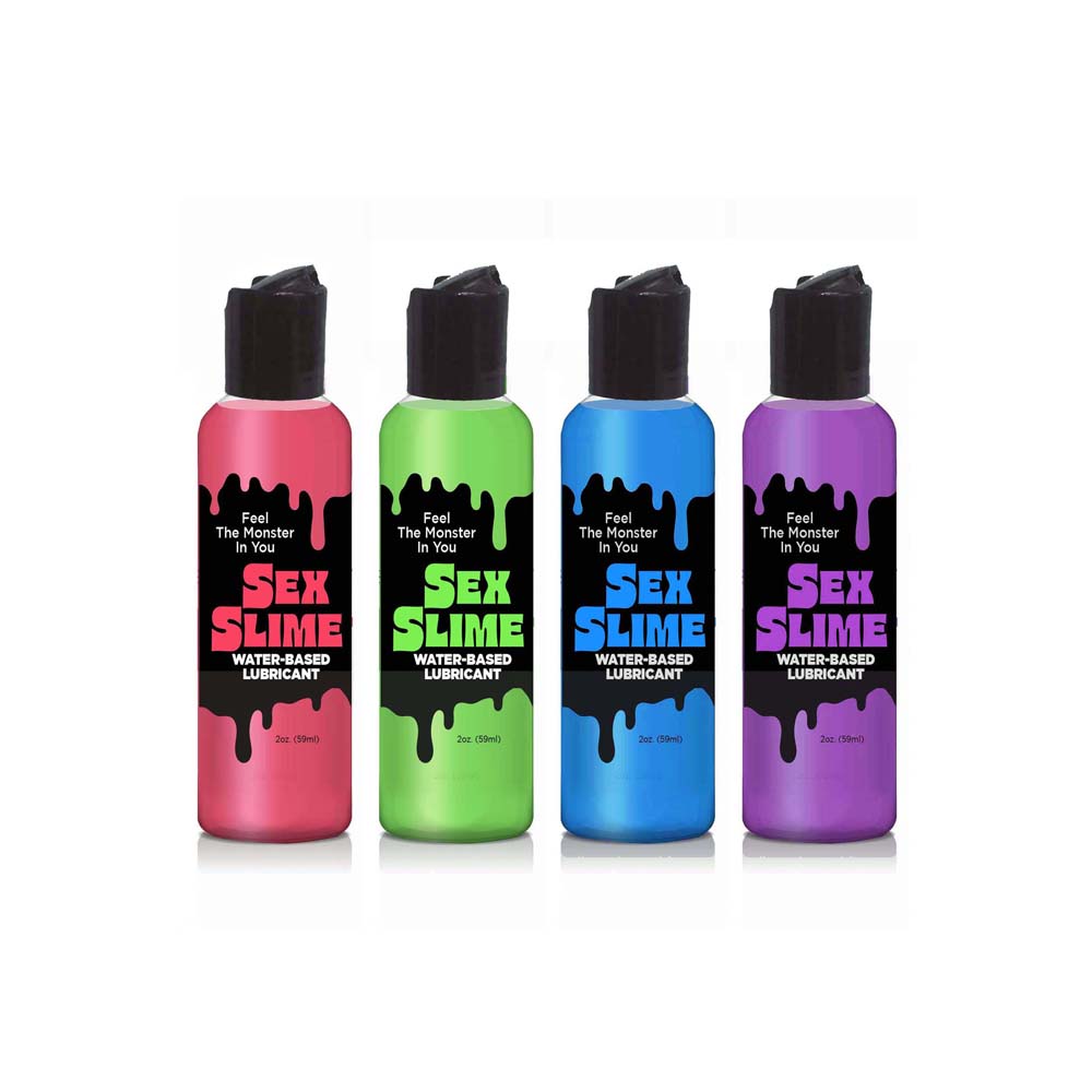 Four bottles of Sex Slime water-based lubricant in pink, green, blue, and purple.