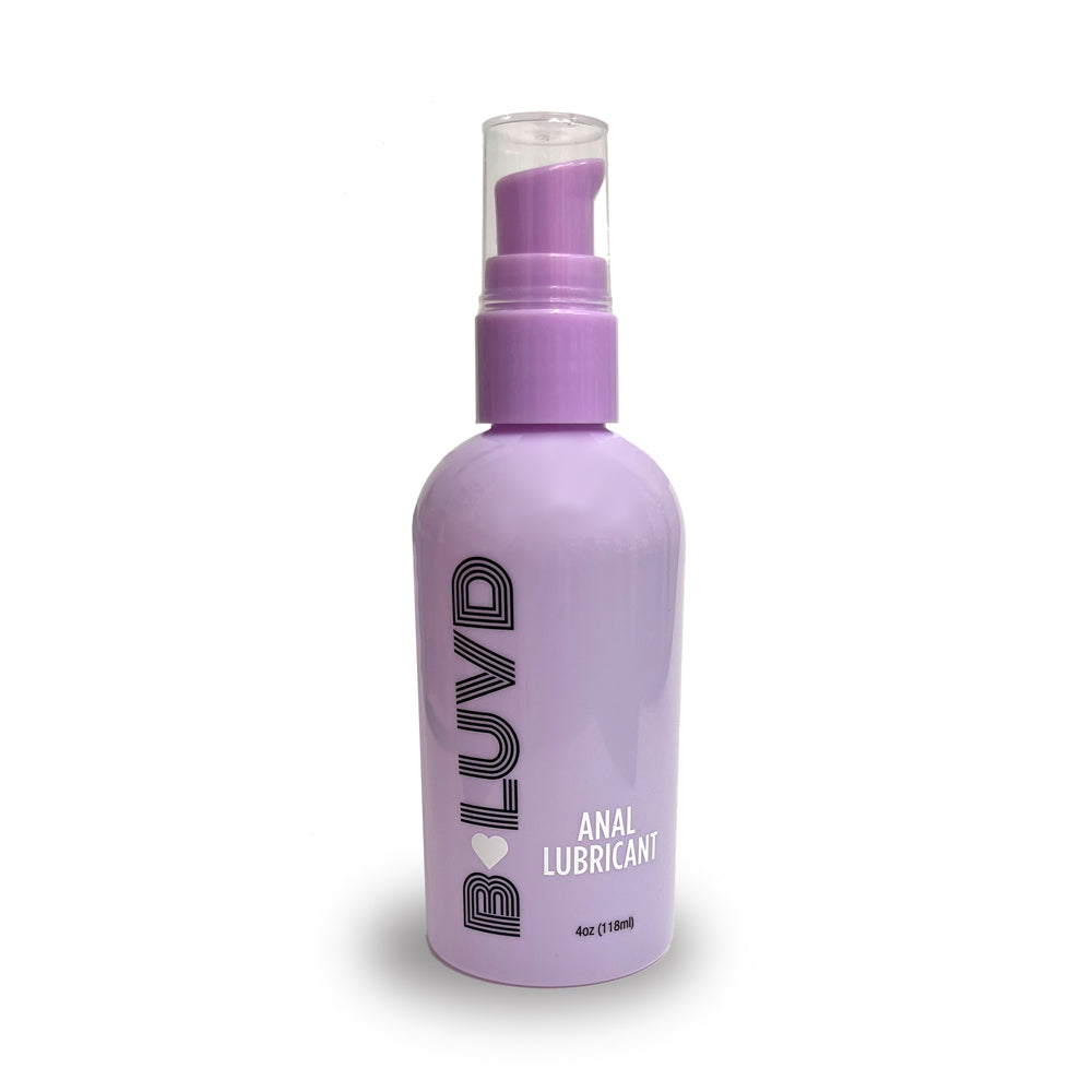 A lavender bottle of B-Luvd anal lubricant with a pump dispenser.